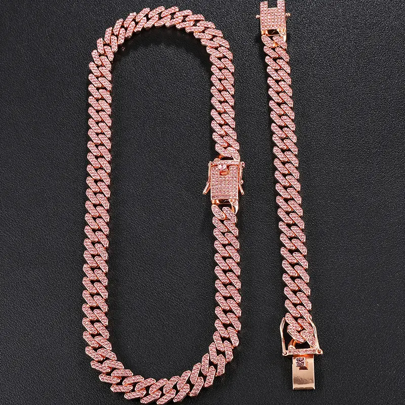 New 12mm Cuban Chain Men's Necklace Rose Gold Pink Full Diamonds Rapper Hip hop Male Choker Jewelry