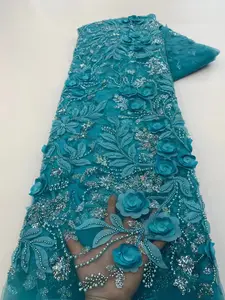 Tela de algodón con bordado de flores 3D para vestido, tejido de gasa de estilo africano y suizo, personalizado, de alta calidad, con cuentas y lentejuelas