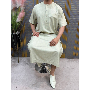 Handcrafted Moroccan Cotton Breathable Loose Fit Prayer Gown Short Sleeve Neck Pocket Machine Washable <b>Thobe</b> for All Seasons - Product Image 3
