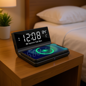 Réveil LED à double alarme DB Supersonic avec chargeur sans fil, design simple, pour hôtel et bureau - Product Image 2