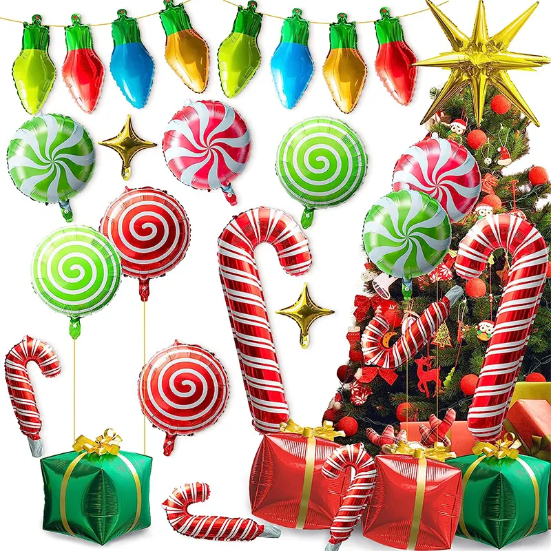 30個のクリスマスフォイルバルーンセットキャンディーケーンスクエアシェイプキューブ電球スターラウンドキャンディマイラーバルーン