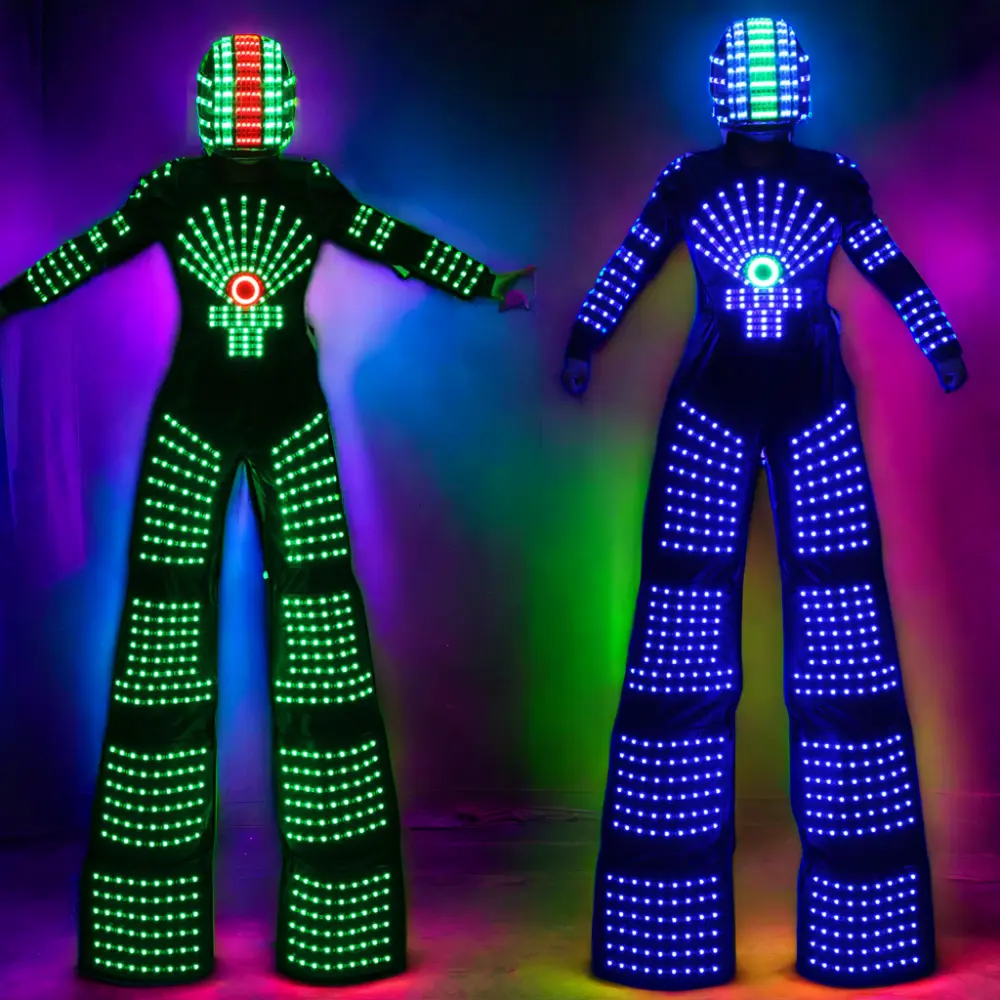Yetişkin RGB yanıp sönen LED Robot kostüm ışık sahne performansı için kask ve Kryoman ve David Guetta esinlenerek giyen