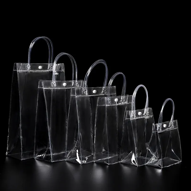Embalagem clara transparente barata do presente do Pvc do punho sacos de compras plásticos personalizados com logotipos