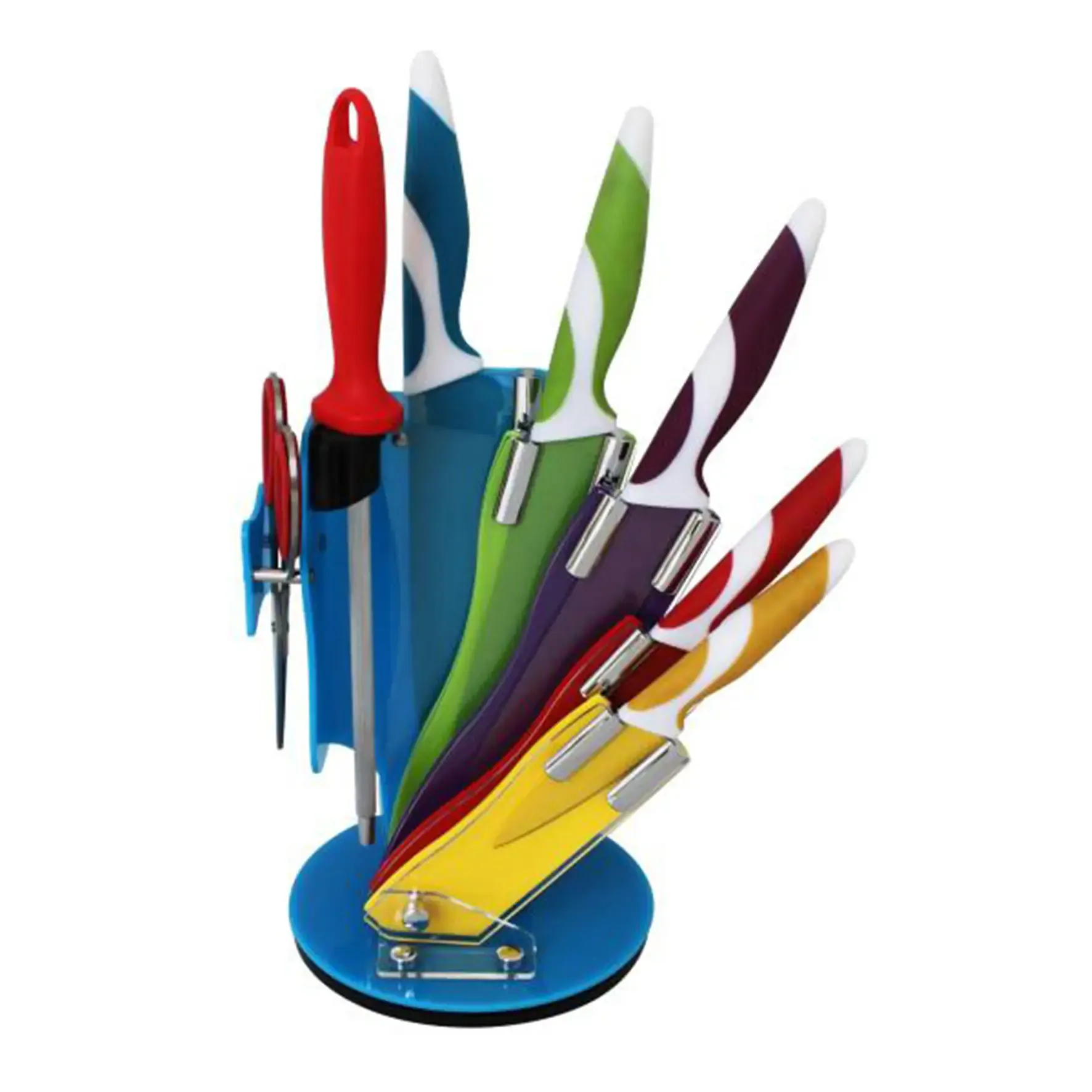 Thiết kế chuyên nghiệp thép không gỉ đầy màu sắc nhà bếp Swiss dòng 5 cái Knife Set với Acrylic đứng