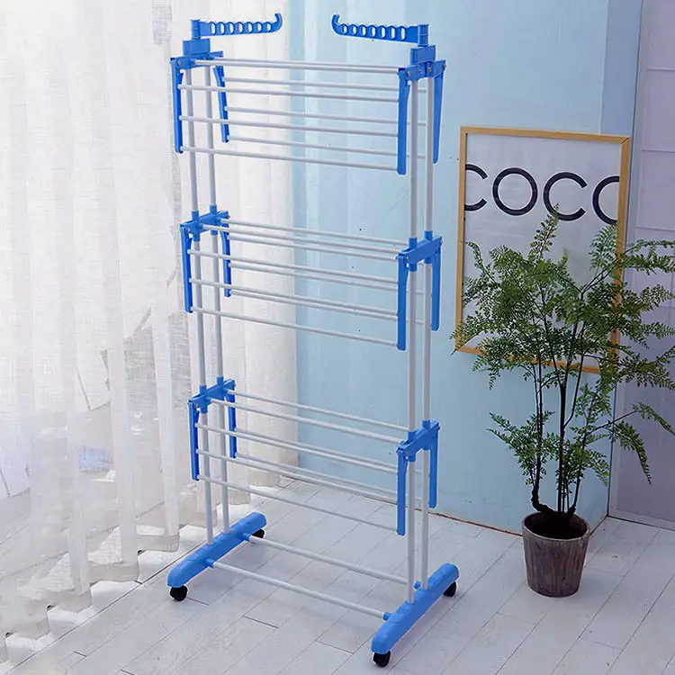 Household Stainless Steel Clothes Hanging Rack Blue Four Tier Clothes Drying Rack Outdoor With Removable Wheels