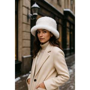 Chapeau Bob en Fourrure Off-White Importé - Chapeau d'Hiver Tendance - Accessoire Off-White Premium Spk1102-1 - Blanc - Product Image 5