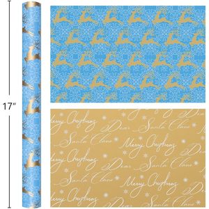 Reversible Blue Christmas Wrapping <b>Paper</b> <b>Roll</b> Gold Reindeer 17 In x 32.8 Ft Gift <b>Wrap</b> For Holiday Crafting - Product Image 3