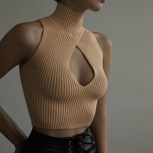 Débardeur court sexy pour femme, personnalisable, sans manches, col roulé, ajouré, extensible, en maille unie 100% coton - Product Image 4