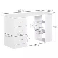 Bureau d'ordinateur PC 120cm Table de travail avec 3 étagères et tiroirs Blanc