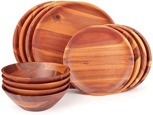 Assiettes rondes en bois d'acacia Ensemble <span class=keywords><strong>de</strong></span> vaisselle réutilisable Ensemble <span class=keywords><strong>de</strong></span> vaisselle en bois d'acacia Ensemble <span class=keywords><strong>de</strong></span> vaisselle pour 4 assiettes à dîner en acacia naturel - Product Image 1