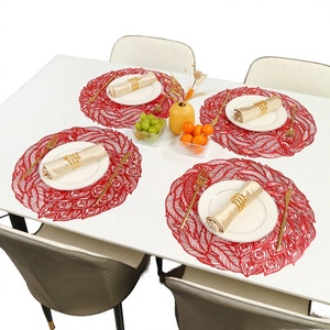 2025 New Arrival High Quality Luxury Modern <b>PVC</b> <b>Placemats</b> Gold-Foil Stamped Feather-Patterned Hollow-Out Reusable Heat Resistant - Product Image 2
