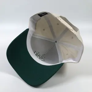 OEM topi snapback bingkai hijau khaki putih dua nada katun uniseks gaya populer dengan bordir 3D huruf kustom topi 5 panel