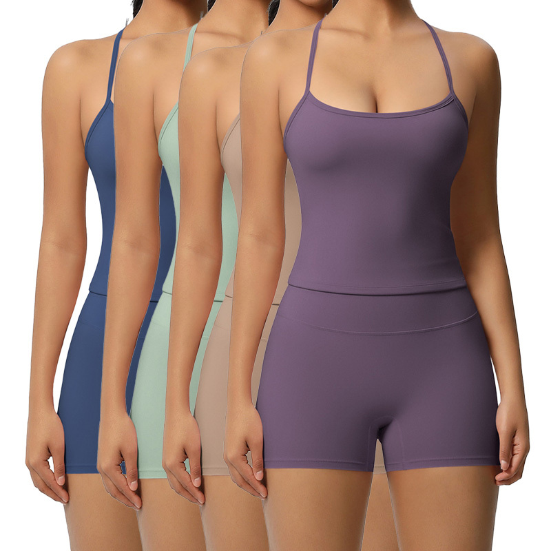 7107+7101 Wholesale Yoga Set for Women Cross Over Spaghetti Strap Vest Quick Dry High Waist Hip Lift Shorts Outdoor Fitness Set