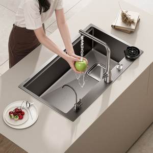 Fregadero de Cocina Grande de Acero Inoxidable 304 con Desagüe Izquierdo y Recolector de Residuos, Fácil de Limpiar - Product Image 3