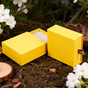 Custom Printed Luxury Yellow Rigid <b>Drawer</b> Box with Ribbon Pull Handle Manufacturer Vietnam FSC Certified Jewelry Box Supplier - Product Image 1