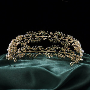 Couronne <span class=keywords><strong>de</strong></span> mariage élégante et classique, style romain, avec feuilles <span class=keywords><strong>de</strong></span> zircon doré et double rangée <span class=keywords><strong>de</strong></span> perles, unique, pour mariée et bal <span class=keywords><strong>de</strong></span> promo, qualité professionnelle - Product Image 4