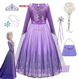 Elsa Anna Snow Queen 2 ragazze vestito frozen viola manica lunga Halloween carnevale bambini Cosplay Costume da principessa abito con mantello - Product Image 1