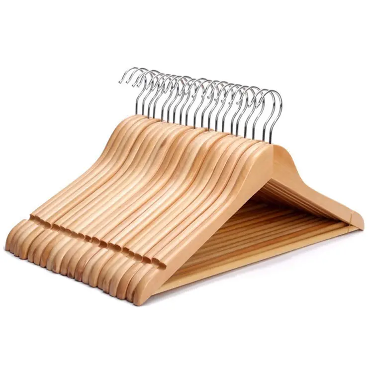 High-Quality Solid Wood Clothes Racks in Natural Colors 20 Pcs with Smooth Grooves and 360 Degree Chrome Plated Hooks