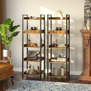 5-Tier Modern Panel Free-Standing <strong>Shelf</strong> <strong>Units</strong> <strong>Narrow</strong> Display Wood Bookshelf with Metal Frame for Living Room Bedroom - Product Image 4