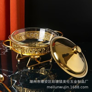 Stainless Steel Hot Pot Stove Gold Plated Heat Resistant Glass <b>Buffet</b> <b>Warmer</b> Circular Design For Restaurant Use - Product Image 4