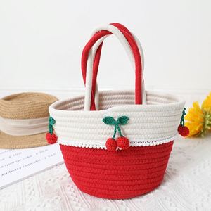 Handmade Cotton Thread Small <b>Bag</b> Cute Cherry Design Versatile <b>Straw</b> <b>Bag</b> for Women New Craft Woven <b>Bag</b> for Seaside Vacation - Product Image 1