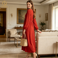 Fabricant de vêtements haut de gamme pour femmes - Robe longue rouge ample à manches lanternes pour femmes - Design fluide et décontracté, style personnalisable