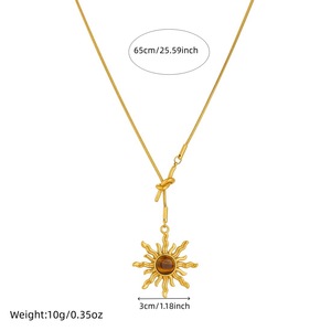 Gold Plated Sun Pendant Necklace With Simulated Tiger Eye Bezel Setting Stainless Steel Snake Chain Daily Wear Gift Jewelry - Product Image 4
