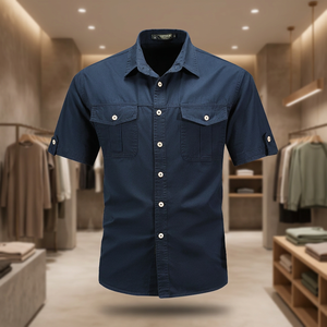 Outdoor <b>Men's</b> <b>Navy</b> <b>Blue</b> Short Sleeve Casual <b>Shirt</b> Turn-Down Collar Solid Summer Top - Product Image 3