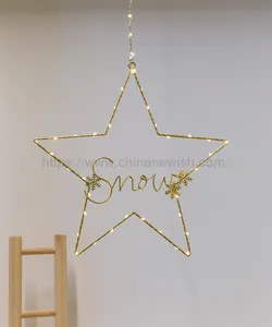 Navidad luz de la estrella de oro colgante de estrella de metal con 49pcs blanco cálido led de alambre de cobre Alambre de luz para la decoración del hogar