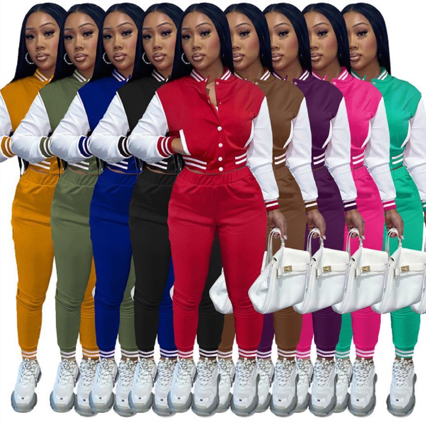 Fast Shipping Patchwork Women's Jacket Set Single Breasted Stitching Long sleeve Baseball two-piece set for Women