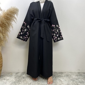 1407#B Latest Muslim Ladies Popular Linen Material Flower Embroidery With Pockets Open <b>Abaya</b> 3 Colors - Product Image 3