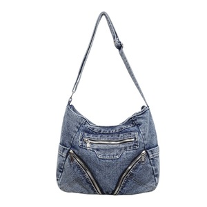 Sac sous le bras en jean pour femmes, design multi-zippé, large sangle réglable, sac à bandoulière rétro de grande capacité - Product Image 1