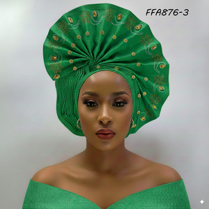 Nigerian Aso Oke Fashion Headtie Tela amarilla de Ankara con cuentas para fiestas Salidas casuales Pesca Último diseño - Product Image 1