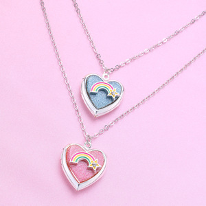 Vente chaude mignon émail dessin animé arc-en-ciel breloque tour de cou mode argent plaqué coeur Photo boîte collier bijoux pour amis enfants - Product Image 4