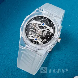 Entwerfen Sie Ihre eigene Kunststoff-Luxus-Armbanduhr mit Individuellem Logo transparente automatische mechanische Skelettuhr für Herren