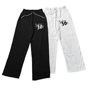 Custom Streetwear Oversized Drawstring Embroidery Jogger Pants Distressed French Terry Cotton <b>Men</b> Baggy Sweatpants - Product Image 1