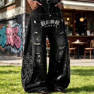 <span class=keywords><strong>Jeans</strong></span> Neri Larghi a Vita Doppia Personalizzati, <span class=keywords><strong>Jeans</strong></span> Gotici Ricamati Strappati Stile Streetwear - Product Image 1