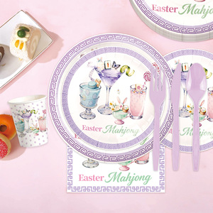ชุดอุปกรณ์บนโต๊ะอาหารแบบใช้แล้วทิ้งสำหรับงานเลี้ยงวันเกิดธีมอีสเตอร์ แก้วไวน์ลายไพ่นกกระจอก จานกระดาษ ผ้าปูโต๊ะตกแต่ง-สีม่วง ชมพู เขียว - Product Image 1