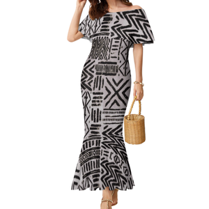 Robe Décontractée Femme Grande Taille à Volants et Épaules Dénudées, Motif Tribal Polynésien Personnalisé Îles du Pacifique, MOQ 1, Idéale pour le Dropshipping - Product Image 5