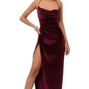 Vestido de terciopelo con solapa para mujer, vestido de tirantes con hombros descubiertos, detalle de plisado lateral con botones en la espalda y vestido sexy con abertura alta