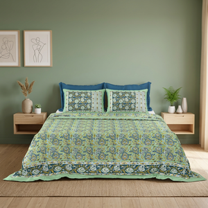 Screen Print King Size Cotton <b>Bed</b> Sheet White Floral Bedding Set with Pillow <b>Covers</b> Jaipur Handmade Indian Boho Bedroom - Product Image 3