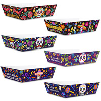 Lot de 6 barquettes jetables en kraft pliables en forme de bateau, motif tête de mort, pour aliments et collations, idéales pour la décoration des fêtes mexicaines