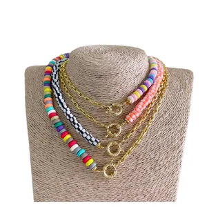 Colorful Mud Beads Casual Bohemian Seaside Style Gold Plated Chain Clay Beads Necklace Perfect for Stacking Necklaces