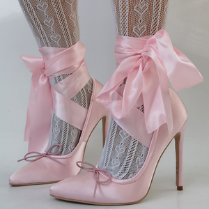 Women's Silk Ankle Cross Lace Shoes Girl's High Heels <b>Big</b> Size 47 Sandals Dress Front <b>Bows</b> Wide Fit Pumps - Product Image 2