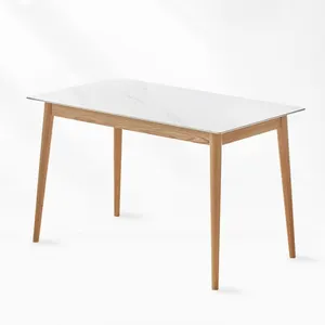 Table à manger moderne en marbre avec pieds en bois massif, Table nordique rectangulaire, Table pour la salle à manger, 6 pièces