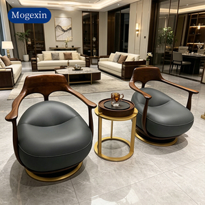 Modern New Solid Wood Swivel Accent Chair <b>Black</b> Leather Upholstered Leisure Armchair Gold Metal Base Hotel Use - Product Image 3