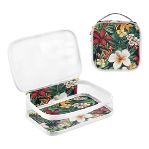 Ensemble de 2 pièces Hawaï personnalisé : Sacs de rangement transparents pour maquillage et trousse de toilette de voyage, motif fleur d'hibiscus Puakenikeni rose vintage - Product Image 3