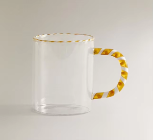 Mug en verre transparent fait main avec poignée torsadée or et blanc, esthétique personnalisée, poignée en forme de canne à sucre, bordure dorée, tasse à café en verre - Product Image 5