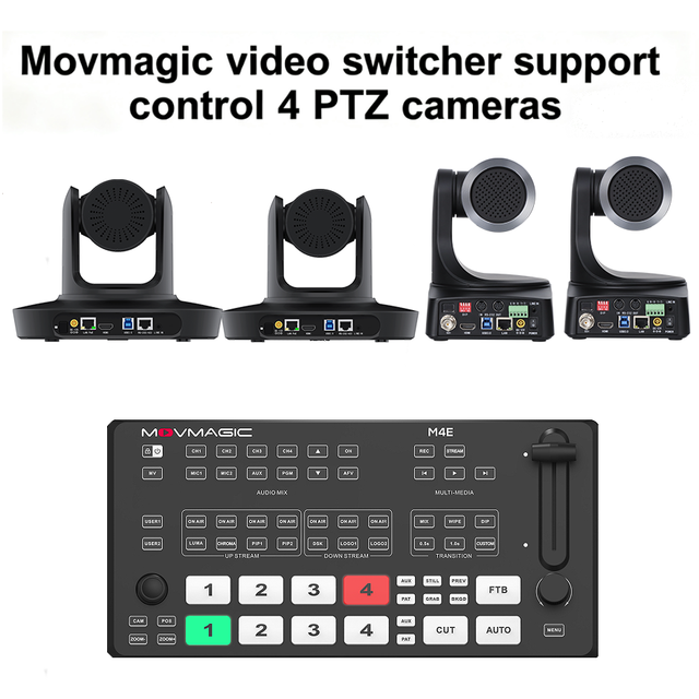 Movmagic M4E 5 Channels 4K HD Video Switcher with PTZ Control Transition Effects LOGO PIP 4 Inputs SDI Output for Live Streaming