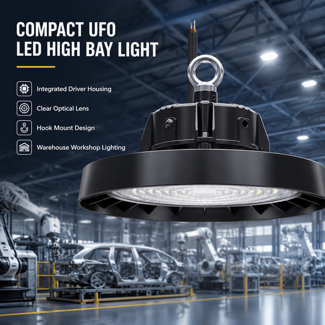 Compact UFO LED High Bay Light Integrated Driver Hook Mount Industrial Lamp for Automotive Factory Warehouse Workshop